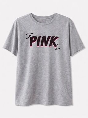 Victoria’s Secret PINK Gray Graphic T-Shirt – Size Small – Bat Logo – Pre-Owned